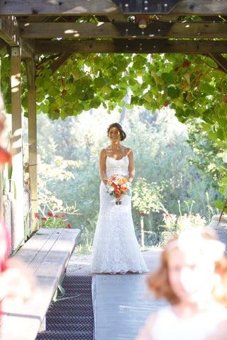 Coral, pink and peach wedding flowers by Gorgeous and Green in Napa Calistoga Hans Fahden Winery 