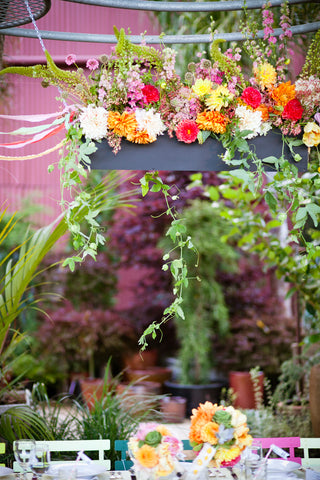 Hanging table arrangement for a wedding at Flora Grubb by Gorgeous and Green