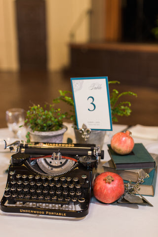 vintage typewriter centerpiece florals by Gorgeous and Green for wedding Berkeley City Club