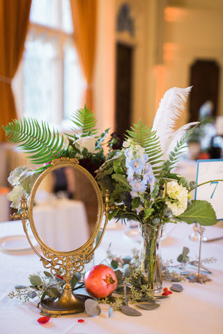 vintage mirror centerpiece, florals by Gorgeous and Green for wedding Berkeley City Club