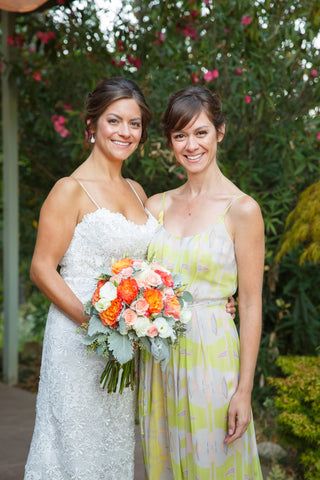 Bride and her sister, florals by Gorgeous and Green in Napa Calistoga Hans Fahden Winery 