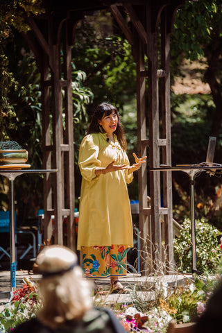 Pilar Zuniga speaking about Sustainable Floral Design and demonstrating floral design at the Slow Flowers Summit at Filoli Garden 