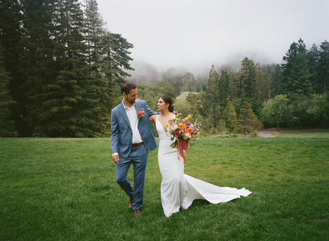 Couple with colorful bridal bouquet by Gorgeous and Green at Brazil Room Wedding Berkeley
