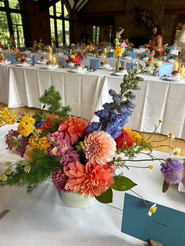 more Gorgeous and Green sustainable Flower centerpieces on long reception tables at Brazil Room Berkeley CA