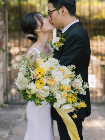 Bridal Bouquet and Boutonniere by Gorgeous and Green for Wedding couple bride and groom Hacienda de la Flores in white