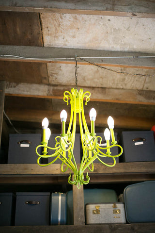 the signature Gorgeous and Green chartreuse chandelier. Repurposed.