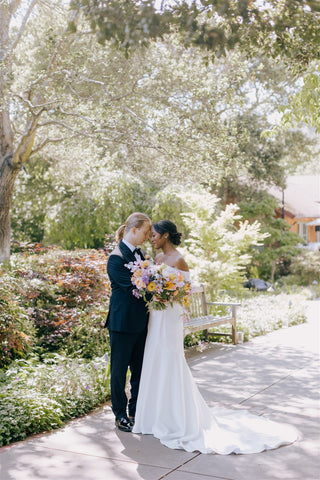 Wedding couple at the Mill Valley Outdoor Art Club. Floral design by Gorgeous and Green, Photo by Gretchen Gause