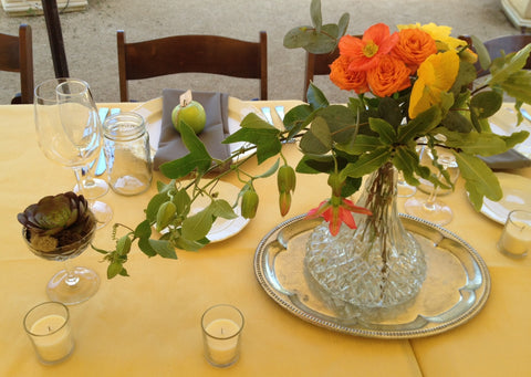 Vintage and silver containers with florals by Gorgeous and Green for cornerstone wedding