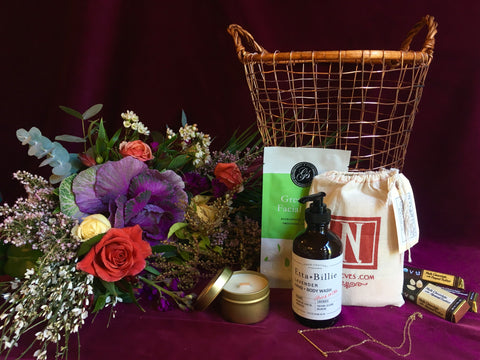 La femme gift basket with a hand tied bouquet by Gorgeous and Green