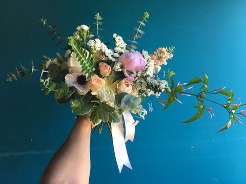 unique and interesting bridesmaid bouquet with jasmine anemones and blush peonies, david austen roses by Gorgeous and Green