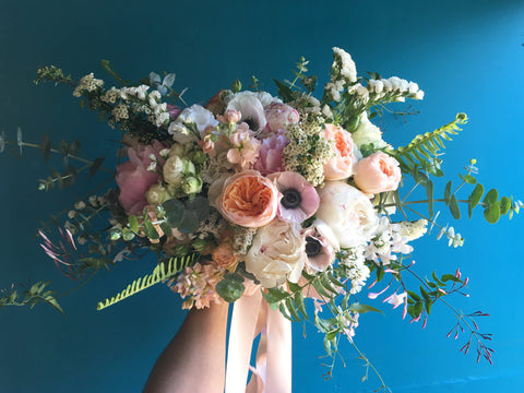 Beautiful garden inspired blush and white bridal bouquet with jasmine anemones david austens by Gorgeous and Green