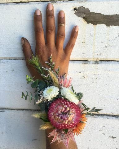 Strawflower detailed wedding corsage by Gorgeous and Green.