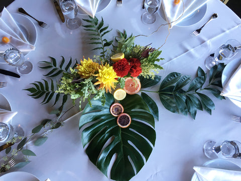 Table designs with flowers. leaves and fruits.