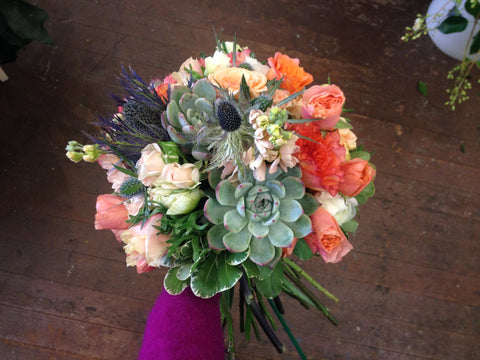 succulent dahlia and garden rose bouquet for a bride by Gorgeous and Green