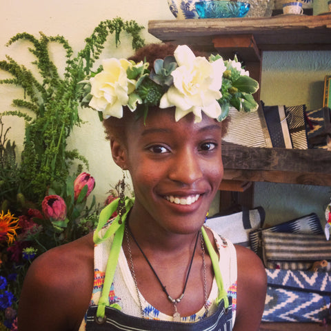 succulent and gardenia bridal crown for a wedding in Berkeley by GOrgeous and Green