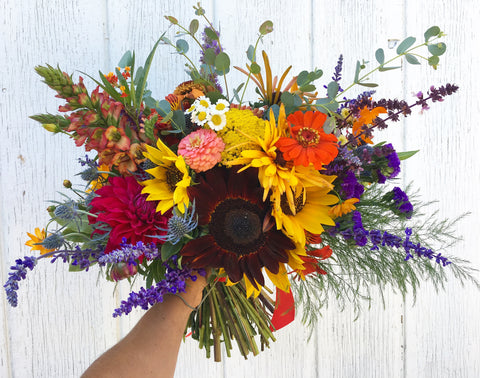 sunflower, summer bloom and black eyed susans for a bridal bouquet by Gorgeous and Green