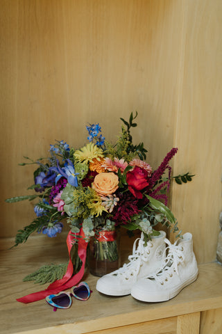 Bridal Bouquet and bridal shoes for Yosemite wedding, flowers by Gorgeous and Green