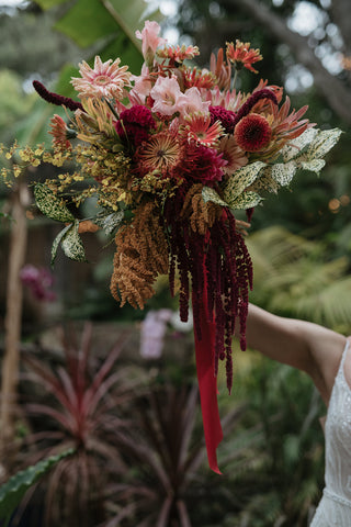 The Bridal Bouquet featuring locally grown flowers and some US grown tropicals by Gorgeous and Green, The Holly Farm photo by Laurken Kendall