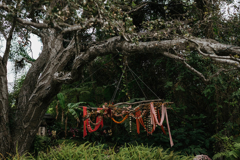 Hanging Installation at Holly Farm in Carmel for wedding by Gorgeous and Green