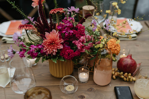 Centerpiece flowers and fruits by Gorgeous and Green for Wedding Reception The Holly Farm Carmel Photographed by Laurken Kendall