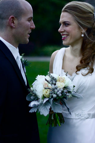 wedding couple at Brazilian Room, florals by Gorgeous and Green