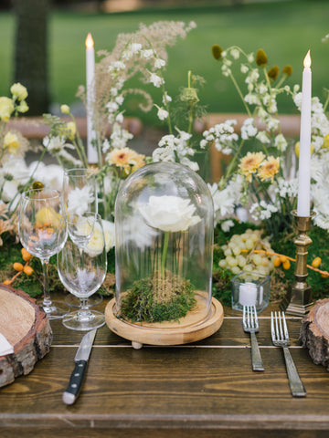 Table decor details with grapes and rose in terrarium