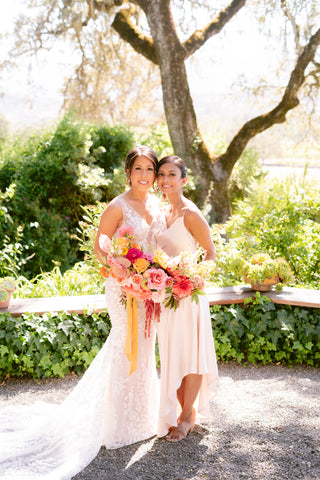 Bridesmaid and Bride with bouquets by Gorgeous and Green at Beltane Ranch Wedding Napa Wine Country