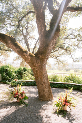 Ceremony Decor by Gorgeous and Green at big Oak Beltane Ranch Ceremony Arrangements tropical peach blush vibes