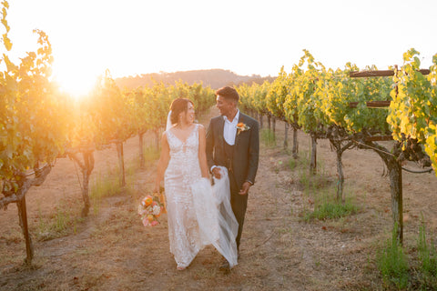 Bride and Groom in the grape fields in Sonoma for Beltane Ranch Wedding flowers by Gorgeous and Green