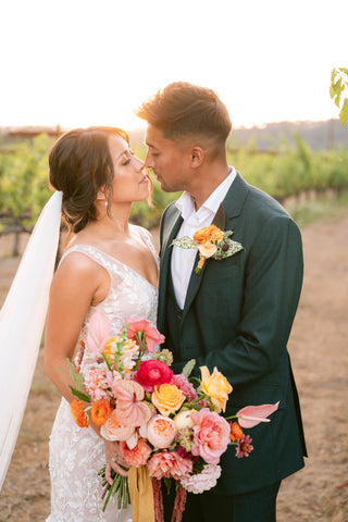 The Couple with bridal bouquet and boutonniere by Gorgeous and Green Beltane Ranch Sonoma Wine Country wedding