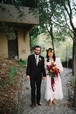 Fall Wedding Couple with floral design by Gorgeous and Green