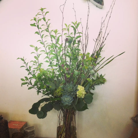 tall branchy succulent and greens arrangement by Gorgeous and Green