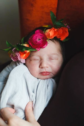 Tiny ranunculus and rose baby crown for a newborn by Gorgeous and Green