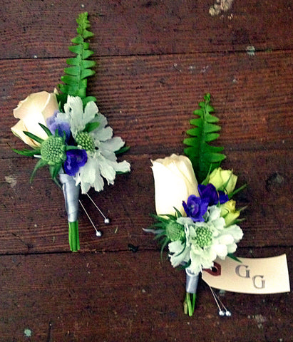 blush and blue boutonnieres by Gorgeous and Green with ferns