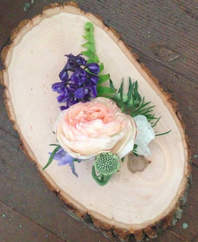 blush and blue corsage with garden rose by Gorgeous and Green