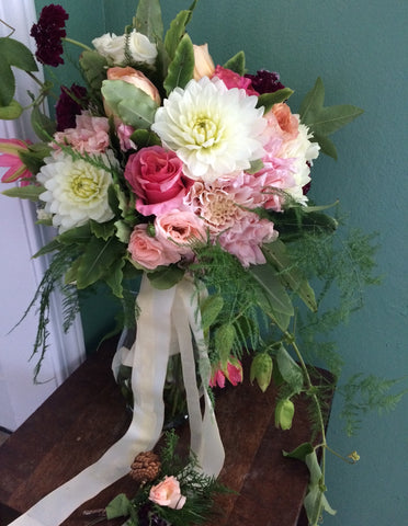 Bridal bouquet and boutonniere in softer shades by Gorgeous and Green