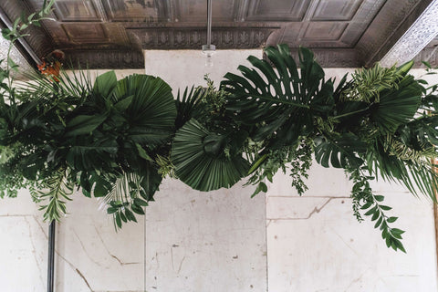 A closeup of the giant tropical arch piece/installation at the Marin Headlands by Gorgeous and Green