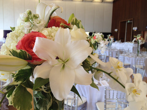 trumpet style vases with tall centerpieces for a Cal Wedding by Gorgeous and Green