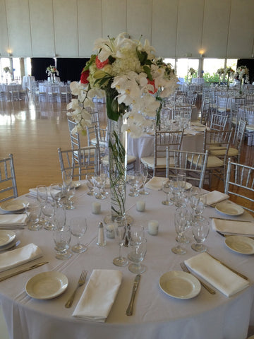 trumpet vase centerpieces at Cal by Gorgeous and Green