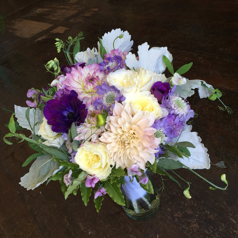 Bridal Bouquet with cafe au lait dahlias, anemones, david austen roses for SF City Hall Wedding by Gorgeous and Green