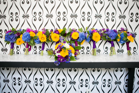 bridesmaid bouquet lineup by Gorgeous and Green at the Hotel Shattuck in Berkeley