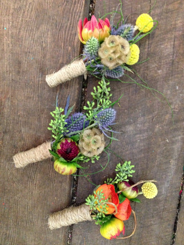 Jewel tone summer wedding boutonnieres by Gorgeous and Green