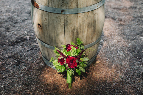 The Mossy and crimson Bridal Bouquet by Gorgeous and Green