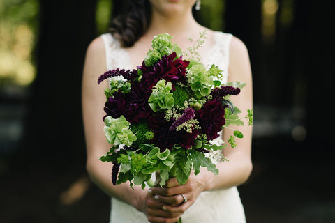 bridal bouquet for a mossy crimson wedding by Gorgeous and Green