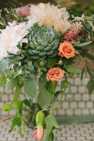 Closeup of the Bridal bouquet with succulents by Gorgeous and Green