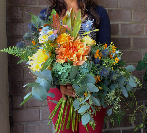 Sunset colored bridal bouquet with art nouveau design style by Gorgeous and Green