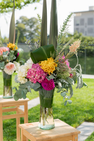 centerpieces for the modern and yet garden feel of a wedding at Memorial Stadium by Gorgeous and Green