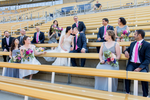 Bridal Party in the bleachers at Cal, florals by Gorgeous and Green