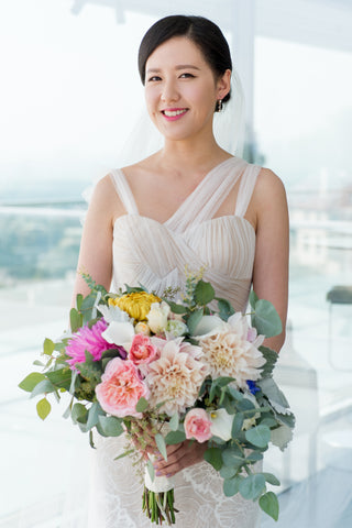 Bride and Bridal bouquet lush blush gold and a touch of blue by Gorgeous and Green