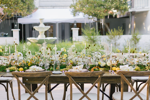 Floral Install for Wedding Table Decor summer whites and yellow